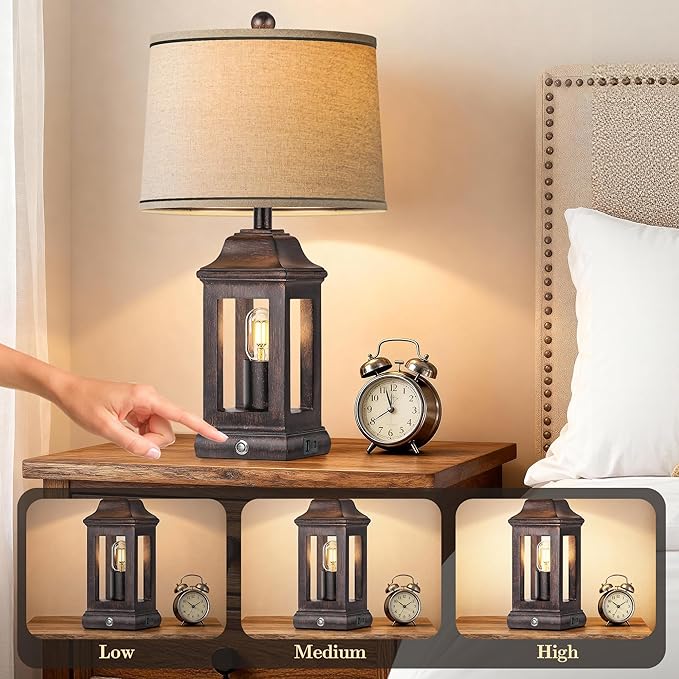 24" Rustic Farmhouse Table Lamps for Living Room Set of 2, Touch Dimmable Nightlight Vintage Bedside Lamps with USB A+C Ports & Dual Light Sources for Bedroom Nightstand End Table, Antique Black
