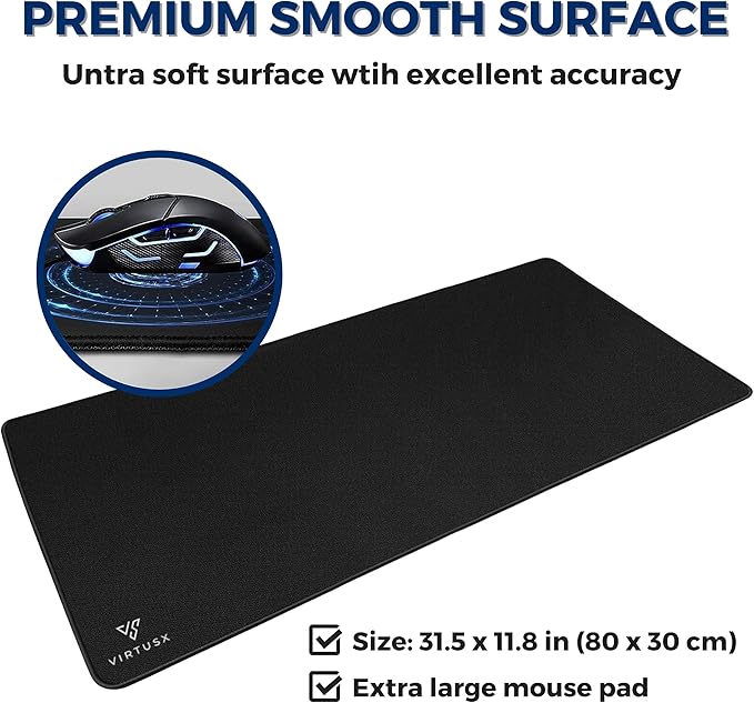 Virtusx Large Gaming Mouse Pad with Stitched Edges, Extended Computer Desk Mat, Superior Micro-Weave Cloth, Non-Slip Rubber Base, Water Resist, for Gamer, Office & Home (31.5” x 11.8”)