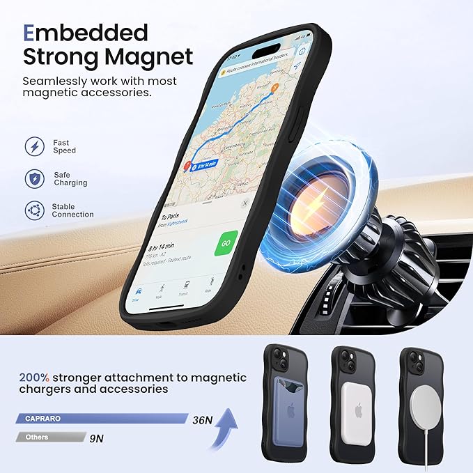 CAPRARO for iPhone 15 Case with 360° Spin Magnetic Stand for Women, [Compatible with MagSafe] [Full Camera Protection] Cute Wave Translucent Matte Case for iPhone 15, Black