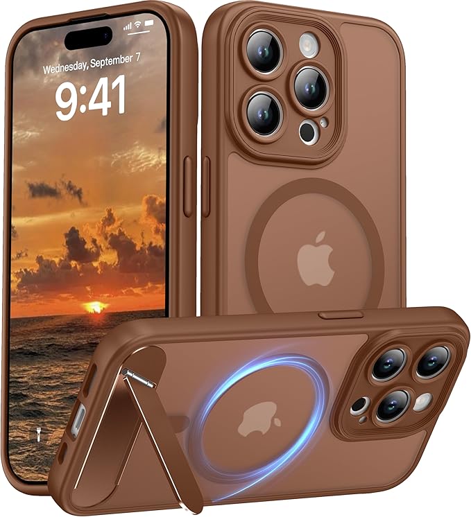Magnetic Compatible with iPhone 15 Pro Case, [Built-in Kickstand][Full Camera Protection][Compatible with MagSafe][Anti-Fingerprint] Shockproof Phone Case for iPhone 15 Pro 6.1",Brown