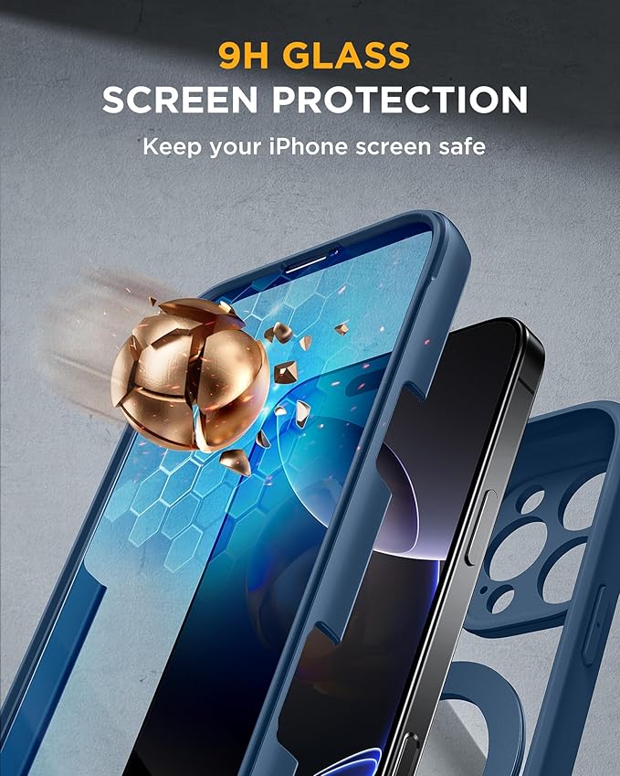 Miracase for iPhone 16 Pro Max Case with 360° Magnetic Ring Stand [Compatible with Magsafe] Full-Body Drop Proof Bumper Phone Case with Built-in 9H Tempered Glass Screen Protector,Blue