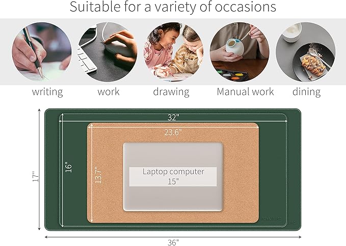 RENMTURE Dual-Sided Mouse Pad, Natural Cork & PU Leather Large Desk Pad for Office and Home Work, Desk Protector Non-Slip, Waterproof, Easy Clean (Dark Green, 36"x17")