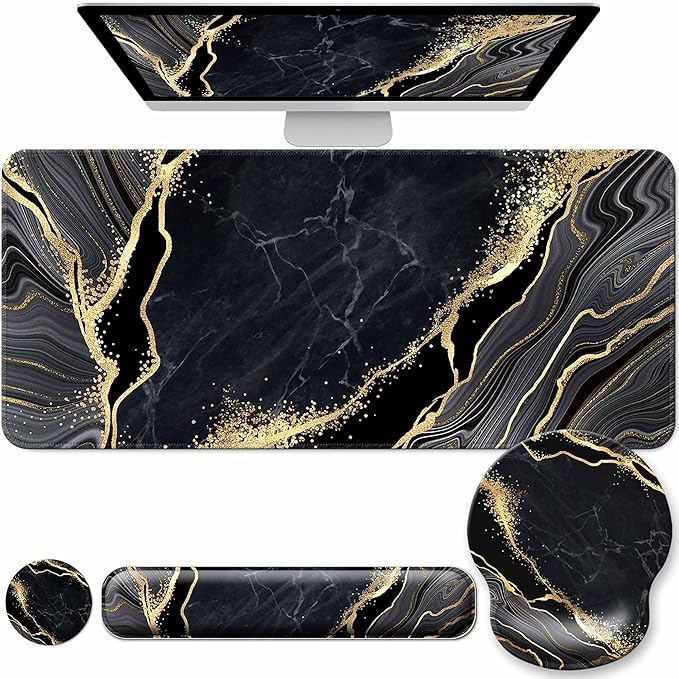 Desk Mat Set + Keyboard and Mouse Pad with Wrist Rest Support,4-in-1 Large Mousepad Computer Mats for Desktop Home & Office-Marble 3