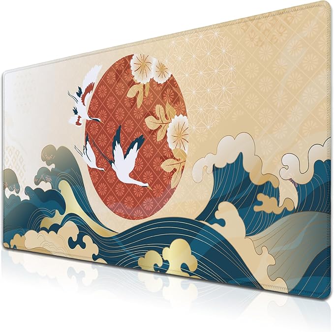 Gaming Mouse Pad Japanese Great Wave Blue Desk Pad, Big Mouse Pads Office Desk Pads, Mouse Mat Non-Slip Rubber Base Waterproof with Stitched Edges, 35.4 X 15.7 inch Oriental Pattern