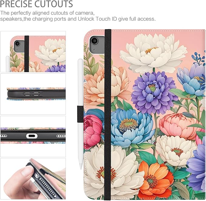 Case for iPad Air 13-inch M4/M3/M2, iPad Pro 12.9 6th/5th/4th/3rd Generation Case with Pencil Holder Multi-Angle Adjustable Stand Shockproof with Pocket/Hand Strap/Auto Wake Sleep Peony Floral