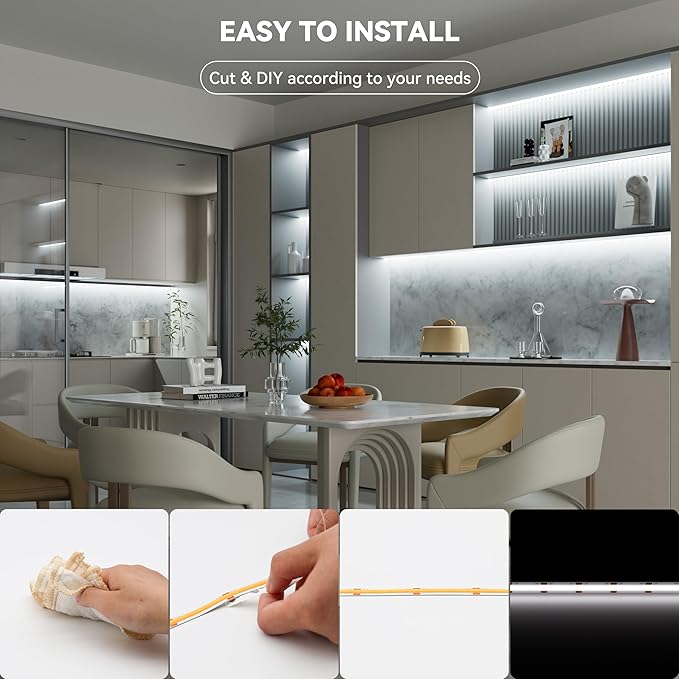 PAUTIX COB LED Strip Lights 48ft/15m Super Bright,504 LEDs/m Daylight White 6000K CRI90+ Flexible LED Tape 24V for Cabinet Home DIY Lighting Projects with 2pcs COB Connector(Power Supply Not Included)