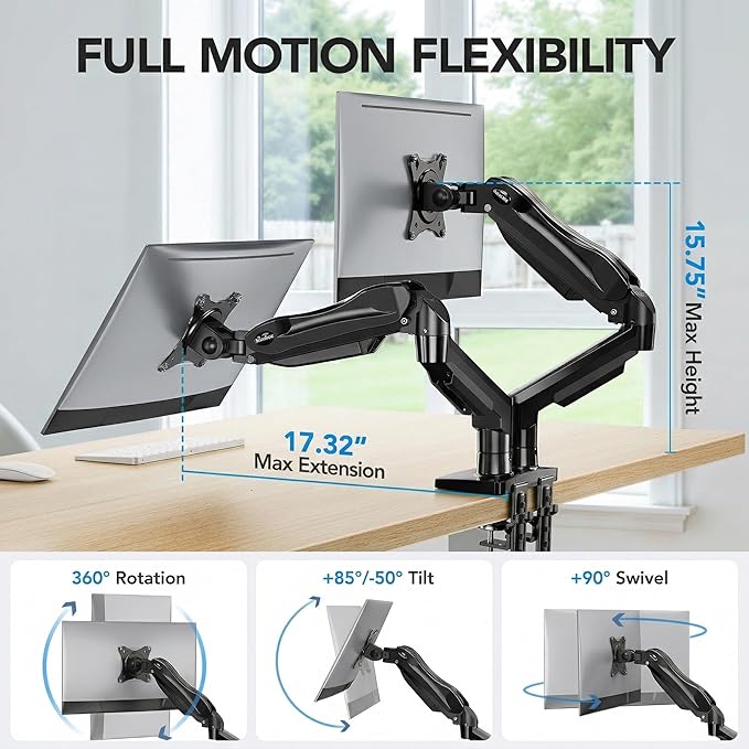 HUANUO FlowLift™ Dual Monitor Stand, Fully Adjustable Gaming Monitor Desk Mount for 13–32″ Computer Screens, Full Motion VESA 75x75/100x100 with C-Clamp & Grommet Base, Each Arm Holds 4.4 to 19.8 lbs