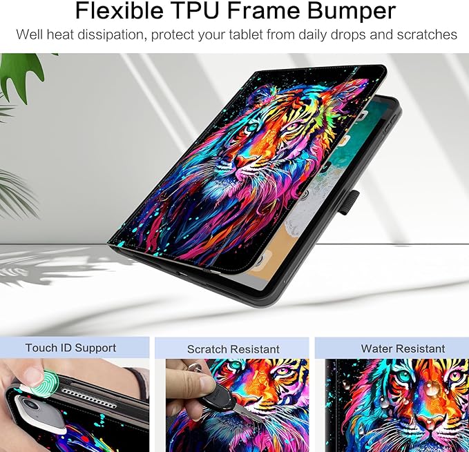 Lokigo for iPad Air 13 Inch Case M4/M3/M2 (2026/2025/2024), iPad Pro 12.9 Inch Case 6th/5th/4th/3rd Gen with Pencil Holder/Hand Strap/Pocket, Support Touch ID, Multi Angles View Stand, Tiger