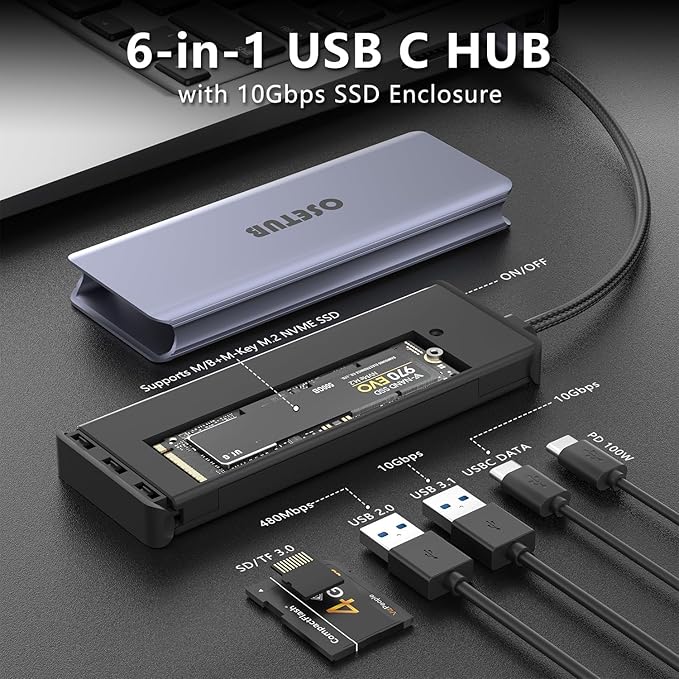 7-in-1 USB C Hub with M.2 NVMe SSD Enclosure, 10Gbps USB-C/3.1 Gen2, 100W PD, USB 2.0, PCIe 3.0 Support for MacBook Pro & Type-C Devices