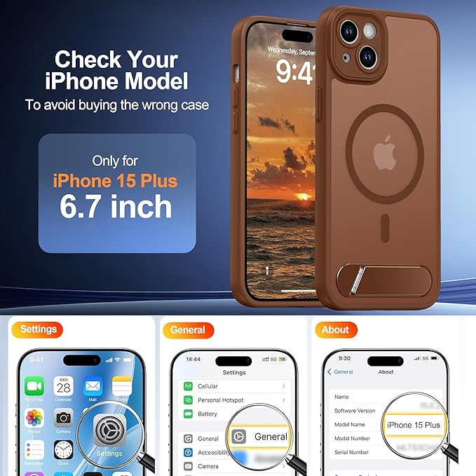 Magnetic Compatible with iPhone 15 Plus Case, [Built-in Kickstand][Full Camera Protection][Compatible with MagSafe][Anti-Fingerprint] Shockproof Phone Case for iPhone 15 Plus 6.7",Brown