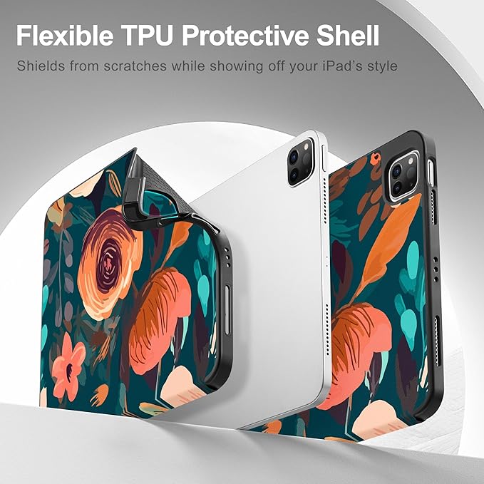May Chen Case for iPad Pro 11 inch (4th, 3rd, 2nd & 1st Gen) 2022 2021 2020 2018, Trifold Stand + Pencil Holder + Auto Wake/Sleep + Soft TPU Protective Stand Back Cover, Abstract Florals