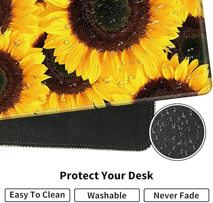 Large Gaming Mouse Pad Non-Slip Keyboard Pad Soft Extended Desk Mat Desktop Writing Pad (31.5"×11.8") with Yellow Sunflower Design for Home & Office + Cup Coaster