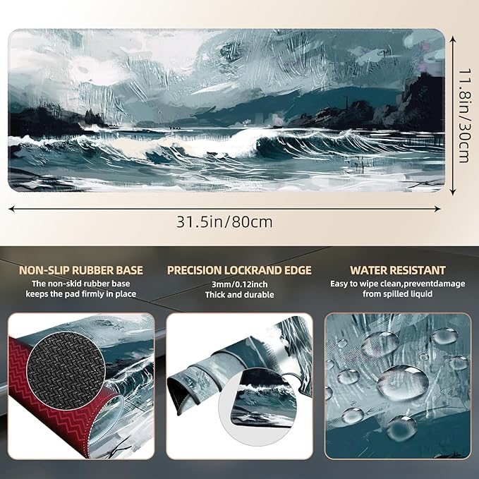 Galdas Gaming Mouse Pad XXL XL Large Long Extended Big Mousepad Non-Slip Rubber Keyboard Mouse Pad with Stitched Edges for Laptop Home Office (31.5x11.8x0.08 Inch) … (Ink Painting)