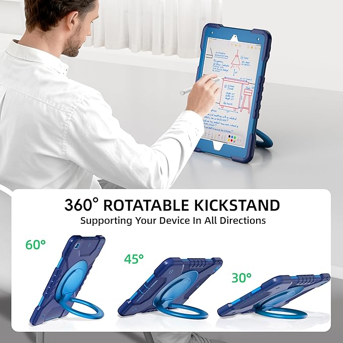 Andnary Case for iPad 9th/8th/7th Generation 10.2 inch, Shockproof Cover with Screen Protector/360° Rotating Handle/Bracket/Pen Holder/Shoulder Strap, Kids Case for iPad 2021/2020/2019 (Navy+Blue)