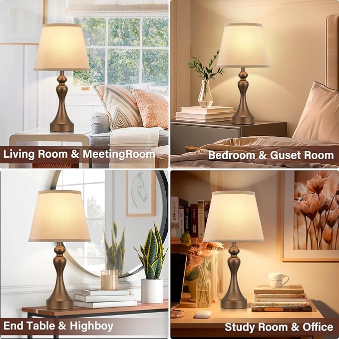 Seealle Touch Lamps for Nightstand - Bedside Lamps Set of 2, 3 Way Dimmable, USB C+A for Bedroom & End Tables (Brown&Oat)