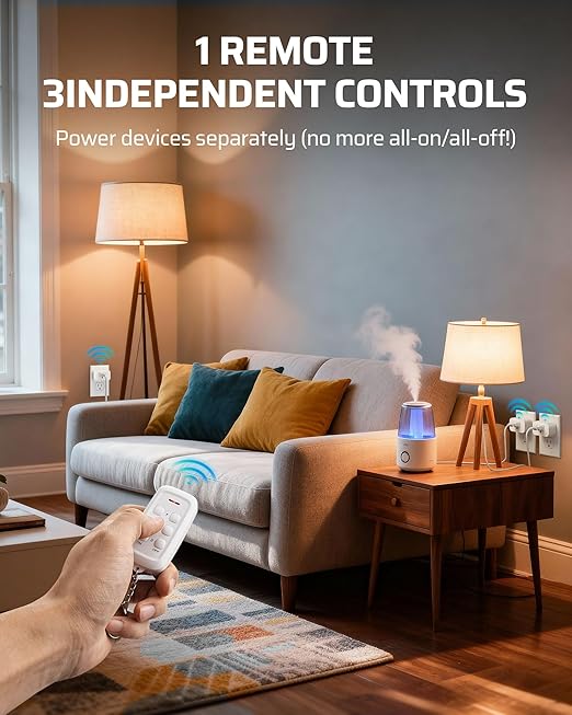 DEWENWILS Indoor Remote Control Outlet, Wireless Remote Outlets Switch, No Interference, 15A/1875W, 100FT RF Range, Compact Light Switch for Lamp,1 Remote 3 Outlets
