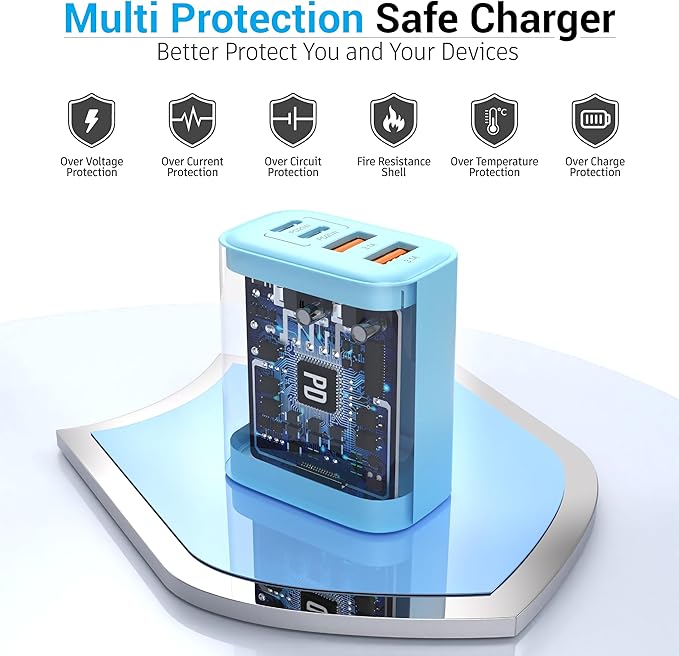 40W USB C Charger Block, 4-Port Fast Charging Block (2 USB-C + 2 USB-A), Compact Multi-Device Wall Plug Adapter for iPhone 17,16,15,14,13, Pro Max, Samsung Galaxy S24/S23/, Travel & Home (Blue 1Pack)