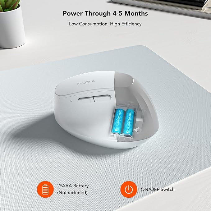 KYSONA EM18 Wireless Ergonomic Vertical Mouse, Ergo Design, Bluetooth Cordless Mouse for Medium/Large Hands, Silent Click, 5-Level Adjustable DPI, Carpal Tunnel Mice for Computer/PC/Mac/Laptop, White