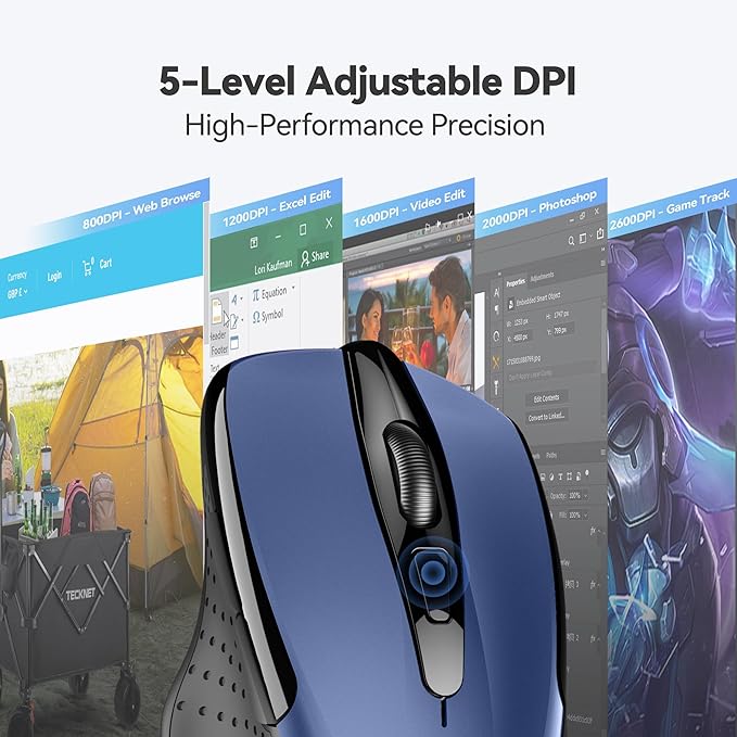 TECKNET Wireless Mouse, 2.4G Ergonomic Optical Mouse, Computer Mouse for Laptop, PC, Computer, Chromebook, Notebook, 6 Buttons, 24 Months Battery Life, 2600 DPI, 5 Adjustment Levels - Blue