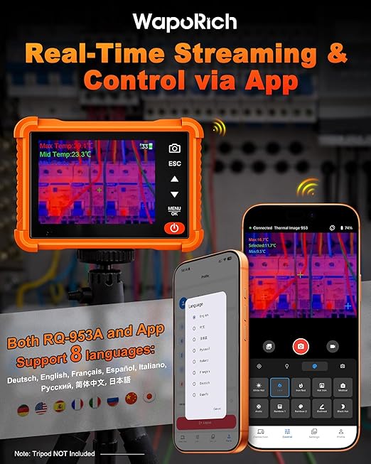 Compact Thermal Imaging Camera 256x192 IR Resolution, WapoRich Mini Thermal Imager with Visual Camera, -4°F to 1022°F, 25Hz – RQ-953A Infrared Cameras for HVAC, Home Inspection, Water/Air Leak