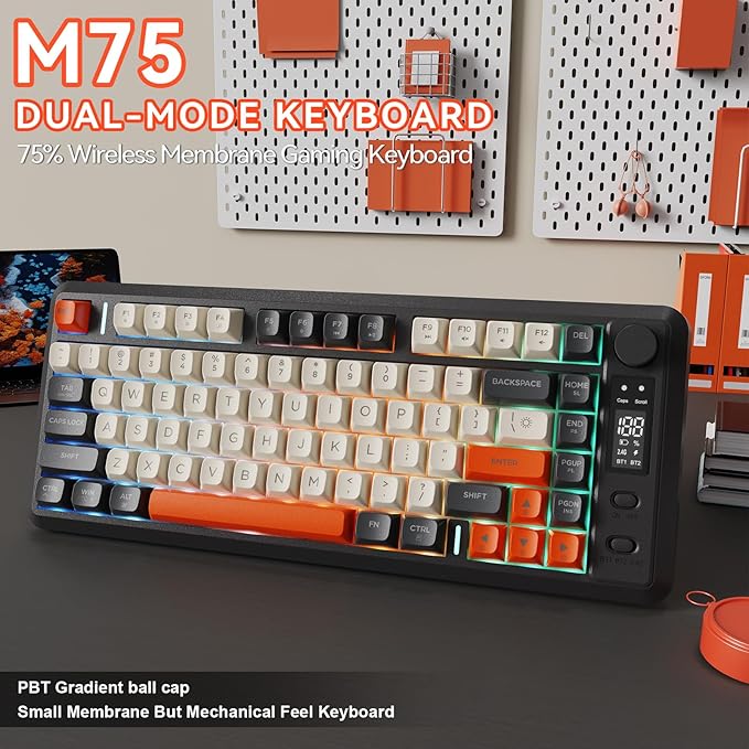 ZIYOU LANG M75 Wireless Gaming Keyboard, RGB Backlit Rechargeable 2000mAh Battery, Small Membrane But Mechanical Feel Keyboard with Smart Display & Knob, PBT Gradient keycaps for PC, MAC - Shimmer