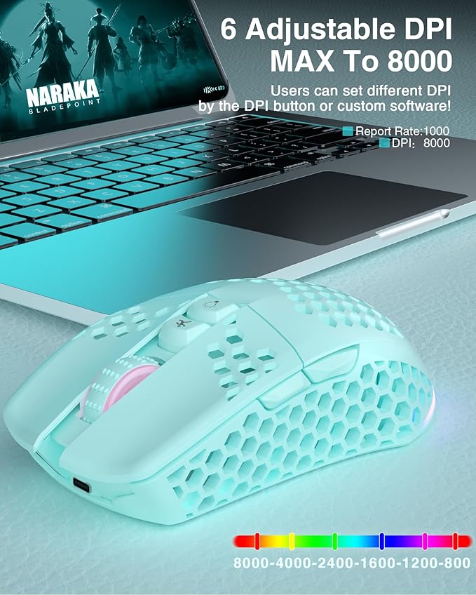 SOLAKAKA SM600 Honeycomb Shell Gaming Mouse Wireless,8000 DPI Tri-Modes BT5.1/2.4G Wireless/Type-C Wired Gamer Mouse with 2 Side Buttons, Macro Programmable and RGB Light for PC/Mac/Laptop,Green