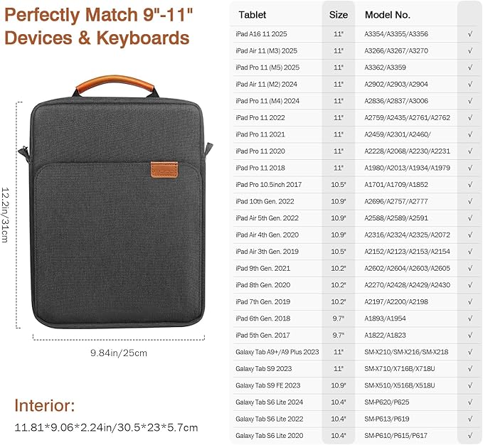 MoKo 9-11 Inch Tablet Sleeve Bag Handle Carrying Case with Shoulder Strap Fits iPad Pro/Air/A16 11 inch,iPad 10th 10.9,i-Pad 9/8/7th 10.2,iPadAir 5/4th 10.9,i-Pad 9.7,Tab S8/S9 11", Black & Gray