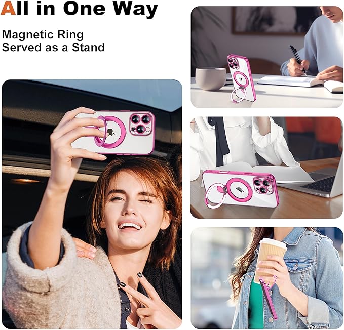 Compatible with iPhone 16 Pro Case with Magnetic Ring Stand [Compatible with Mag-Safe] [Full Camera Lens Protector] Soft Plating Clear Phone Case for iPhone 16 Pro 6.3", Rose