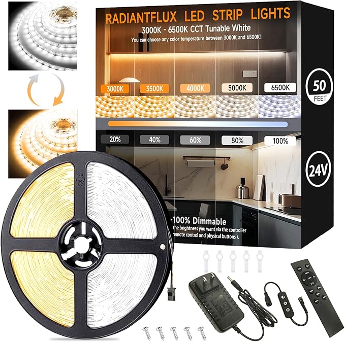 RadiantFlux 50ft LED Light Strip, Warm White Light 3000K-6000K, Ultra-Bright High Lumen, Dimmable 24V LED Light Strip with Remote Control, Flexible Light Strip for Easy Installation