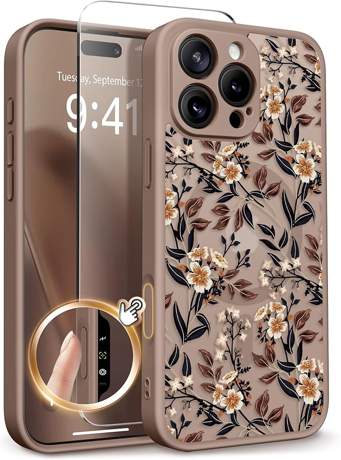 GVIEWIN for iPhone 16 Pro Max Case Compatible with MagSafe, [Military Grade Protection] [Screen Protector] Full Camera Protection Floral Translucent Women Magnetic Phone Case, Bunchflower/Brown