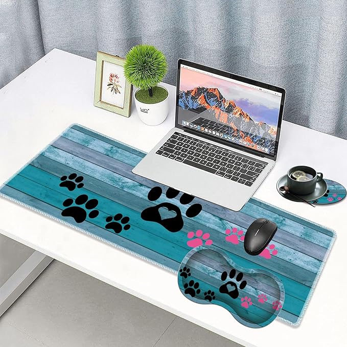 3 Piece Mouse Pad Set with Stitched Edge Large Anti-Slip Mouse Pad Desk Pad Keyboard Pad + Wrist Rest Pad + Coaster, Memory Foam Wrist Rest for Office/Home - Black and Pink Dog Paw Prints