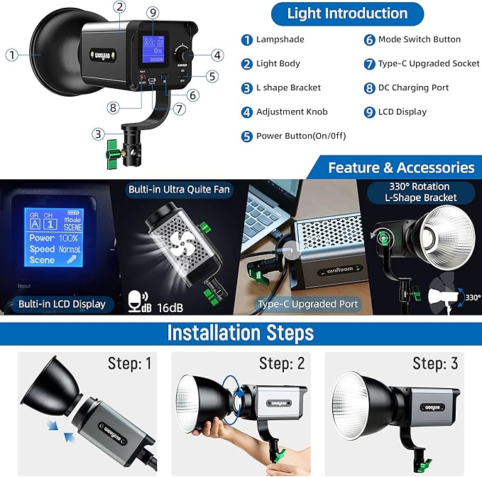 Weeylite Ninja 200 60W Bi-Color COB LED Video Light, 2800K-6800K Continuous Studio Lighting, CRI 95+ TLCI 95+, 0-100% Dimmable, 5800LM 70400Lux, App & Bluetooth Control, Portable Photography Light