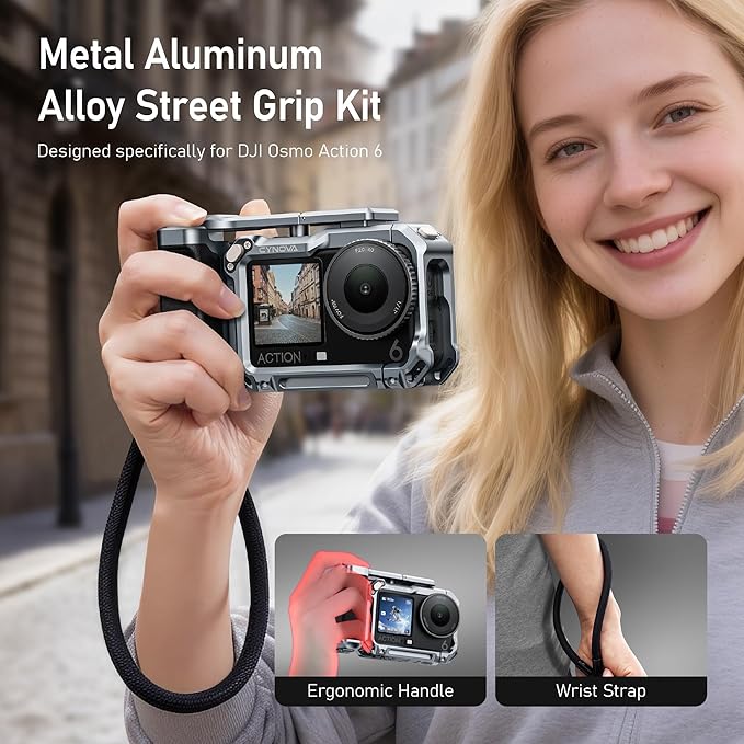 CYNOVA Aluminum Street Grip Kit for DJI Osmo Action 6 Accessories, Metal Protective Cage Frame with Photography Grip, Silicone-Coated Handle, Wrist Strap for DJI Osmo Action 6 Camera