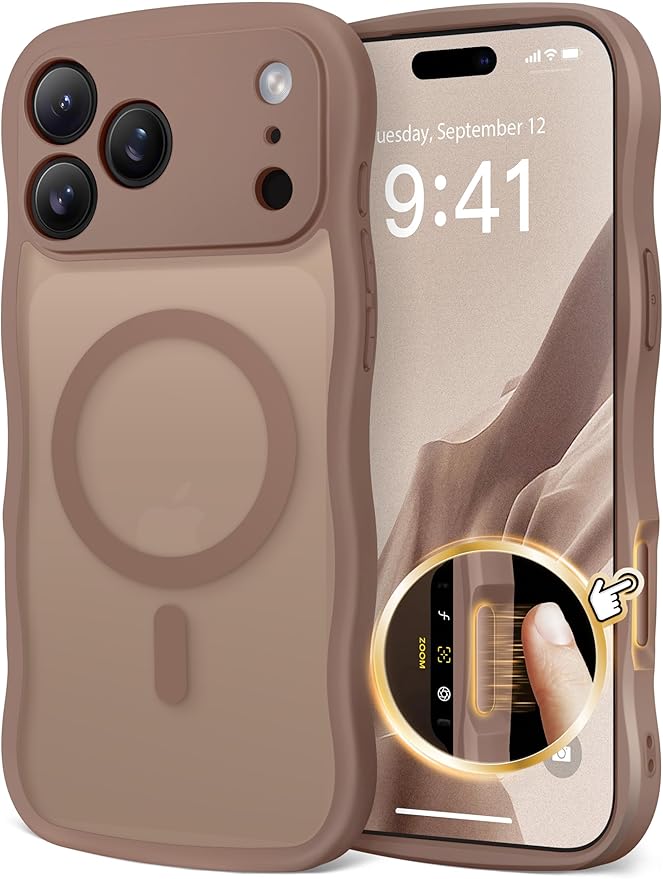 CAPRARO Magnetic for iPhone 17 Pro Case for Women Girls, Upgraded [Full Camera Protection] [Compatible with MagSafe] Cute Wave Translucent Matte Phone Case for iPhone 17 Pro, Brown