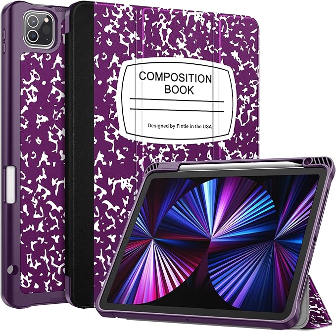 Fintie SlimShell Case for iPad Pro 11-inch (4th / 3rd Generation) 2022/2021 - Soft Flexible TPU Stand Back Cover with Pencil Holder, Also Fit iPad Pro 11" 2nd / 1st Gen, Composition Book Purple