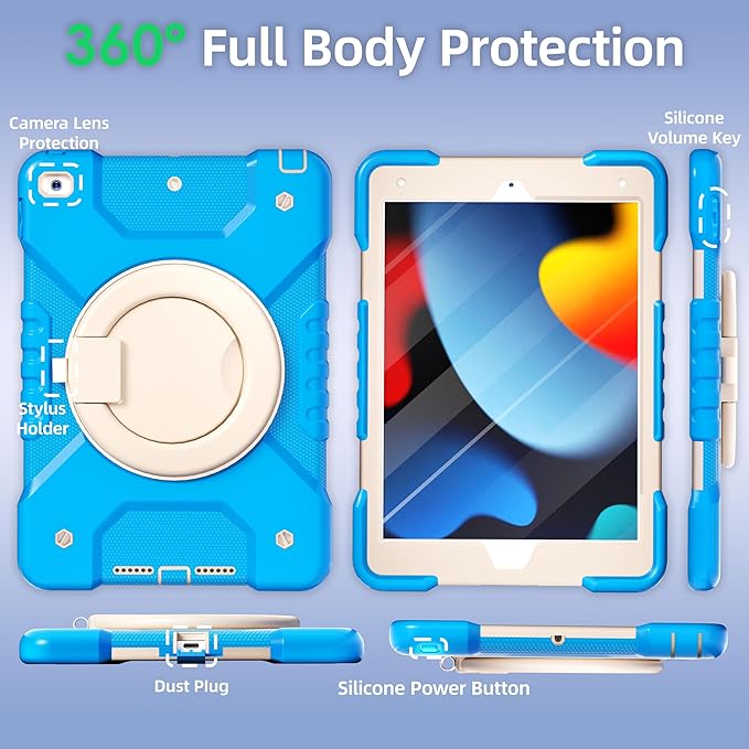 Andnary Case for iPad 9th/8th/7th Generation 10.2 inch, Shockproof Cover with Screen Protector/360° Rotating Handle/Bracket/Pen Holder/Shoulder Strap, Kids Case for iPad 2021/2020/2019 (Blue+White)