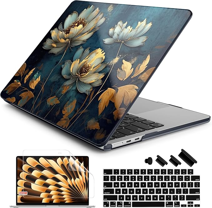Batianda Premium Case for New MacBook Air 15 inch with M5 M4 M3 M2 Chip 2026 2025 2024 2023 Release, Designed Ultra-Slim Hardshell & Keyboard Cover & Screen Protector 4-in-1 Bundle, Blooming Flowers