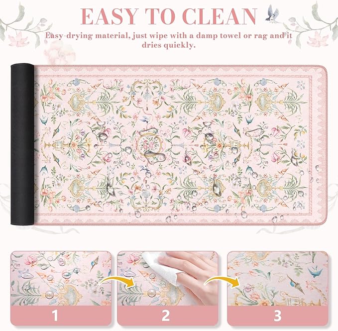 iCasso Pink Desk Cover Mat,Big Mouse Pad for Laptop,Aesthetic Computer Pad with Stitched Edges,Non Slip Keyboard Mat for Desktop,Cute Floral Desk Protector for Office Home Dorm