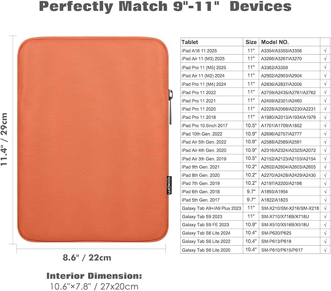 MoKo 9-11 Inch Tablet Sleeve Bag Carrying Case Fits New 11inch iPad Air M4, iPad A16 2025, iPad Pro 11 M4, Air 5/4/3, iPad 10/9/8th Gen, Tab S8/S9 11", Tablet Carrying Case, Orange