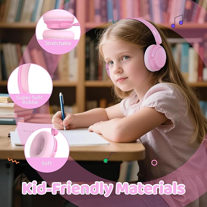 MIDOLA Active Noise Cancelling Kids Bluetooth Headphones,68H Play Time,Lightweight Wireless Foldable Over-Ear Headphone for Kid Toddler,Volume Limited 85/94dB,Headsets with Built-in Mic Pink