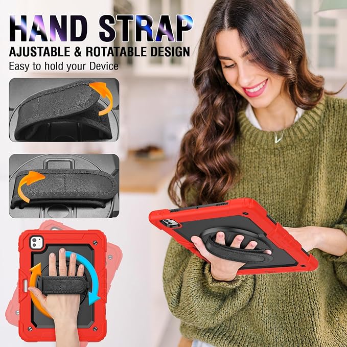 Case for iPad Pro 13 7th Generation with Screen Protector | Case Compatible with iPad 13 Inch for Kids Girls Boys | Shockproof Rugged Protective Cover W/Stand Hand Grip Shoulder Strap | Red
