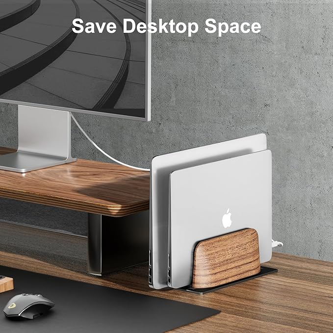 UPERGO Vertical Laptop Stand, Dual Slot Wooden Laptop Holder Vertical for Desk, Width Adjustable Dock for MacBook Pro and Other Laptops