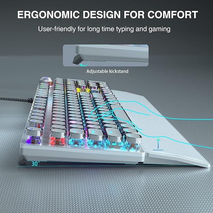 AULA F2088 Typewriter Mechanical Keyboard, White Retro Wired Gaming Keyboard with Blue Switches, Rainbow Backlit, Round Keycaps, Media Knob & Removable Wrist Rest