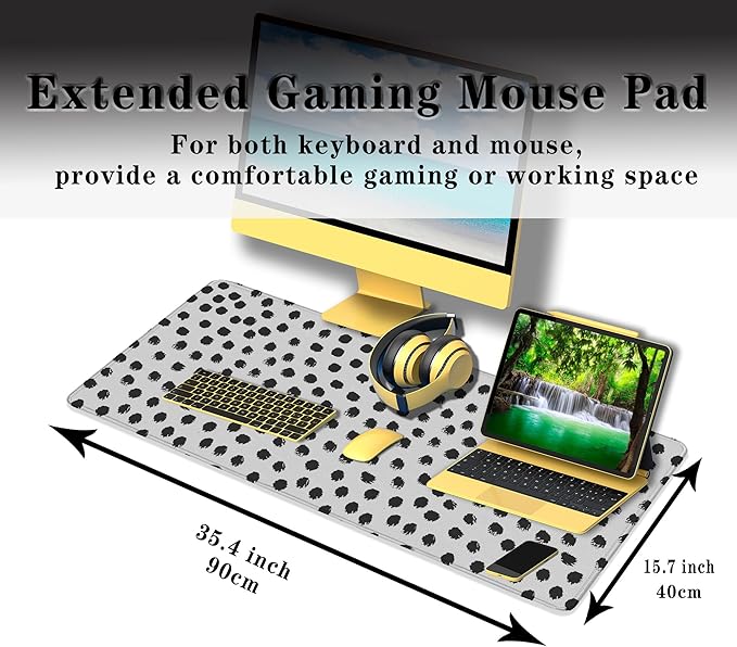 Big Gaming Mouse Pad - Black/White Desk Pad, Large Non-Slip Rubber Base Waterproof with Stitched Edges, 35.4 X 15.7 inch for Work/Game/Home