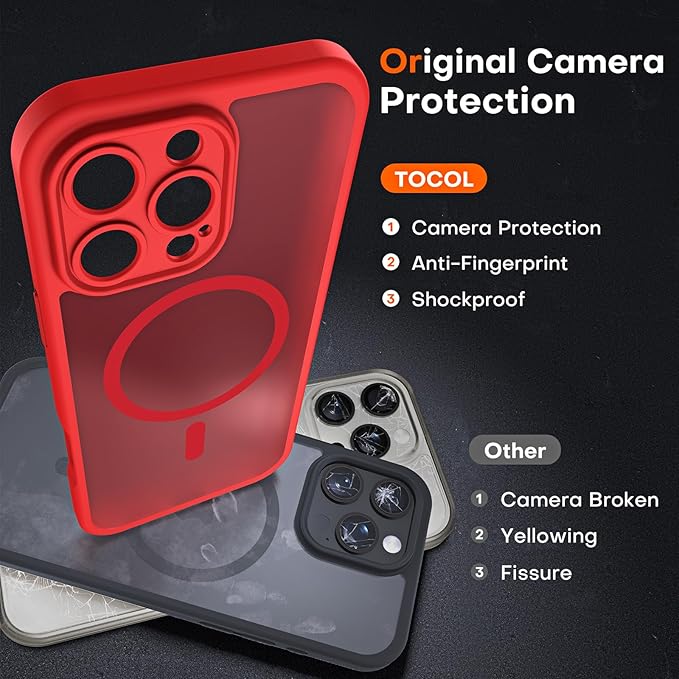TOCOL for iPhone 16 Pro Max Phone Case Compatible with Magsafe Full Camera Protection Drop Protection Magnetic Translucent Matte Back Bumper Phone Case for 16 Pro Max 6.9-Inch (Red)