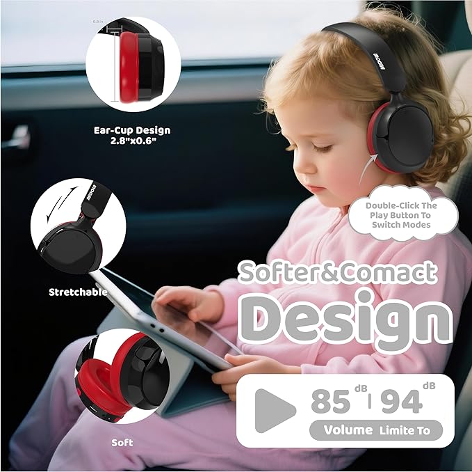 MIDOLA Kids Bluetooth Headphones Active Noise Cancelling,Volume Limited 85/94dB,Over Ear Foldable with Mic Aux Cord,Lightweight Wireless Headphone for Kid Toddler Child Pad Tablet Black