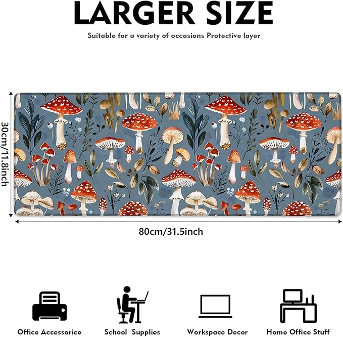 Funny Mushroom Gaming Mouse Pad, Large Woodland Mushrooms Design Desk Mat for Laptop Keyboard Computer, Non-Slip Rubber Base Desktop Extended Mousepad for Office Home Accessories 31.5"×11.8"