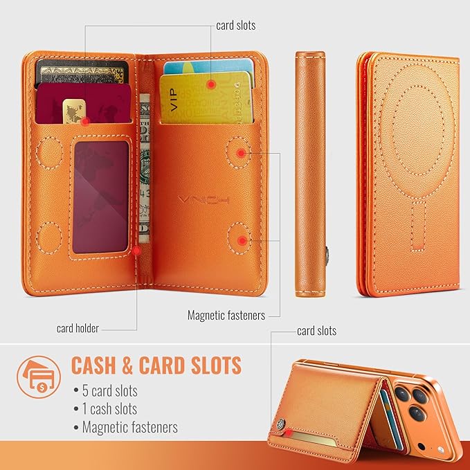 Vinich for MagSafe Wallet Magnetic RFID Blocking Card Holder Compatible with MagSafe Phones and Cases, Strong Magnet Minimalist Phone Wallet for iPhone 17/16/15/14/13/12/Pro/Max/Plus, Orange