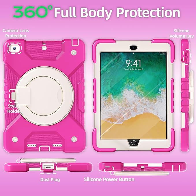 Andnary Case for iPad 6th/5th Generation 9.7 inch 2018/2017 Case, iPad Air 2/Pro 9.7 inch Heavy Duty Protective Cover with 360° Rotate Handle Stand, Pencil Holder, Shoulder Strap (Rose Red+White)