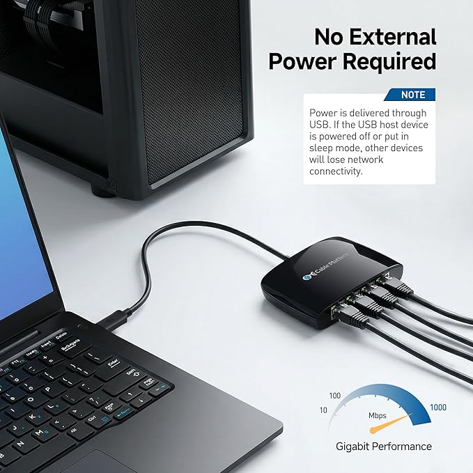 Cable Matters USB C to 4-Port Gigabit Ethernet Switch for Network Sharing on the Move, Thunderbolt Ethernet Splitter, USB C Gigabit Switch, Compatible with Thunderbolt 5/4